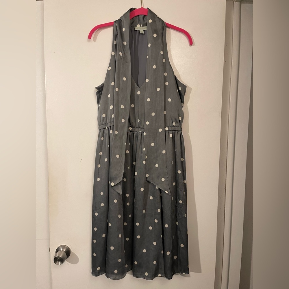 Ryegrass Gray Polka Dot Midi Dress • Neck Tie Dress • Women’s Midi Dress